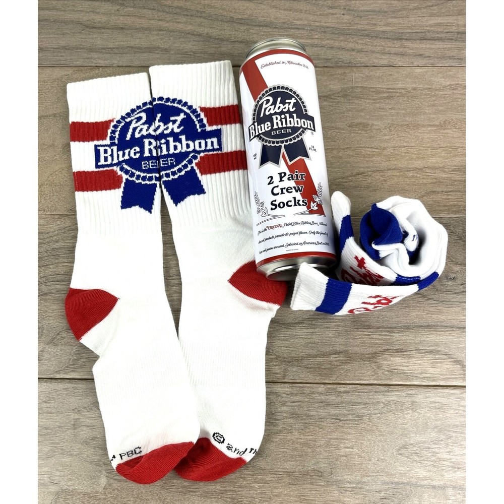 2 PAIRS PABST BLUE RIBBON BEER MEN'S CREW SOCKS IN A CAN, SZ 8-12
